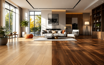 Oakel City modern living room comparing light oak and dark hardwood flooring under natural daylight.